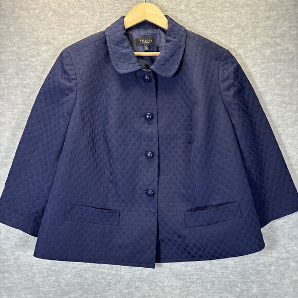 Talbots Cropped Jacket 22 P Mod Collar Polka Dot Texture 3/4 Sleeve Navy Blue - Picture 5 of 10